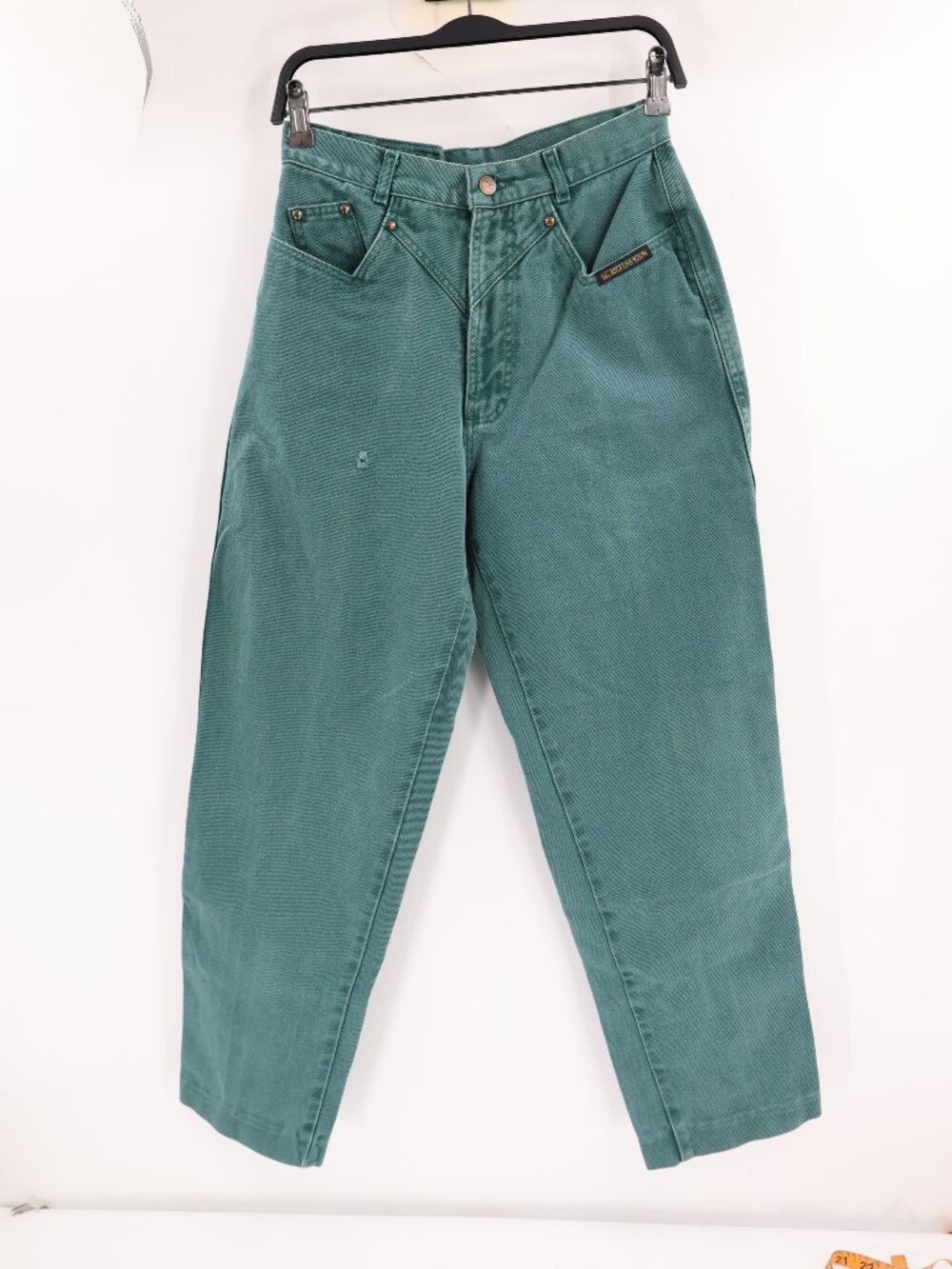 Vintage 80s Rocky Mountain Jeans Women 11 27x30 bareback High Rise Green Denim